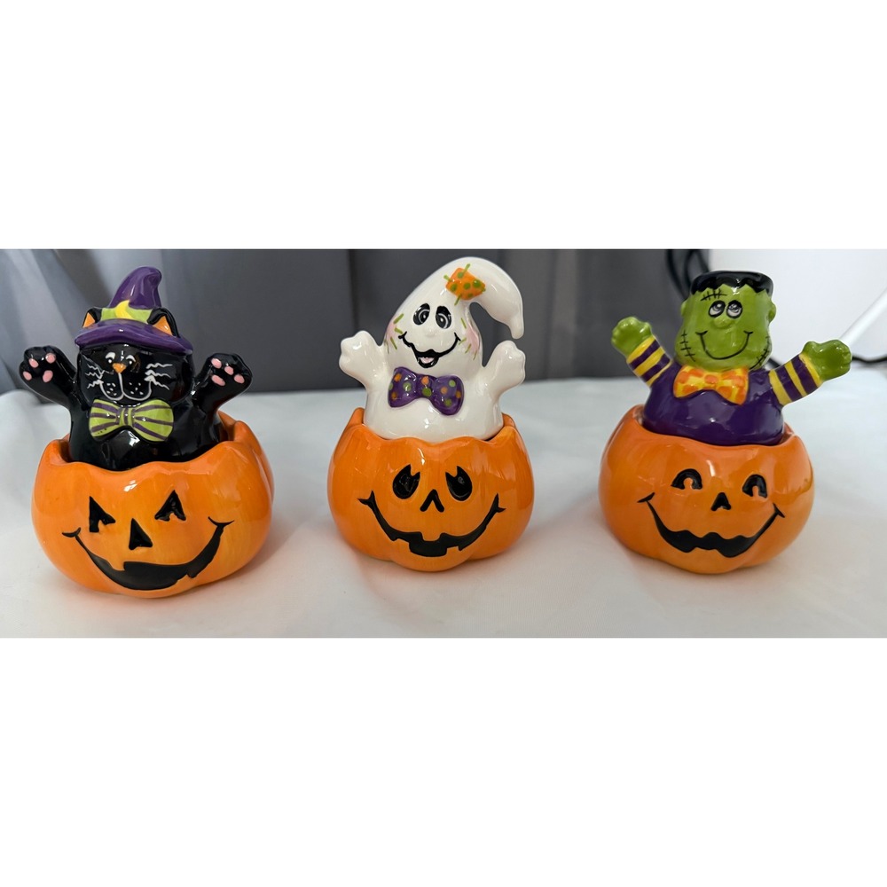 Home Interior Tea Light Candle Holder Set Ghost Frankenstein Black Cat 3pc